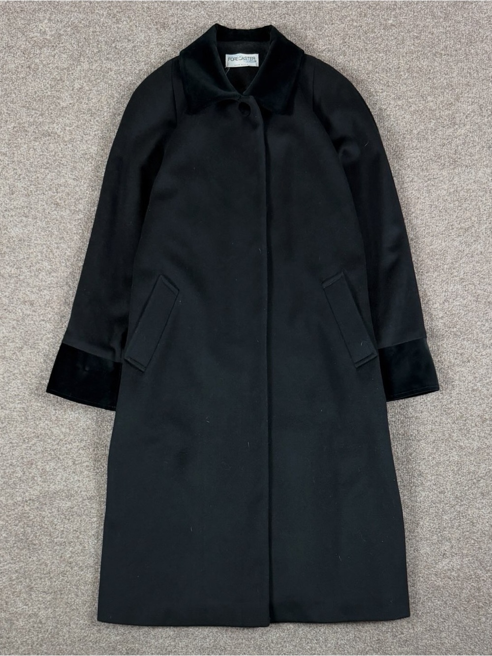 Vintage Forecaster Black Long Wool Coat Women’s 10 Medium Velour Collar Overcoat